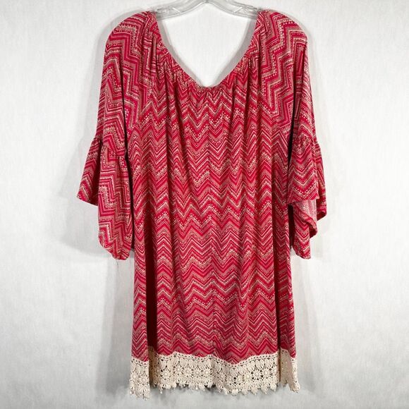 Adara Plus Size 3X Top Tunic Pink Tan Elastic Neck Crochet Lace Trim Stretch 737 - Picture 2 of 10
